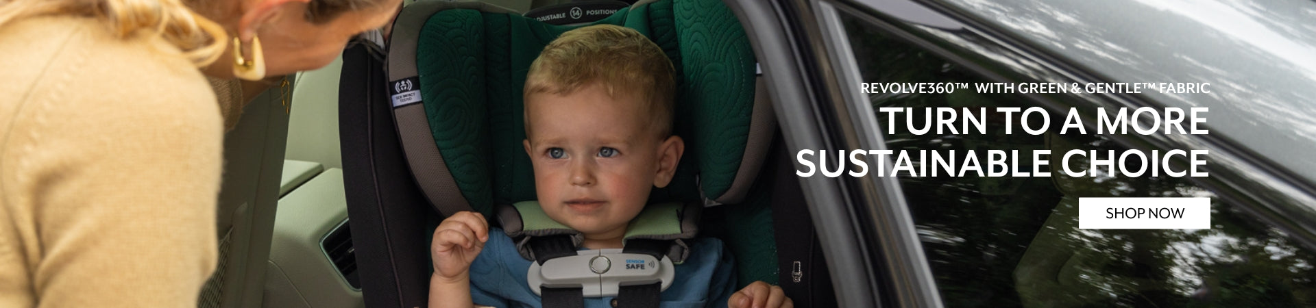 Revolve360 wth Green & Gentle Fabric. Turn to a more sustainable choice. Shop now. Image depicting child in car in Revolve360 Extend with Green and Gentle fabric looking at mom. 