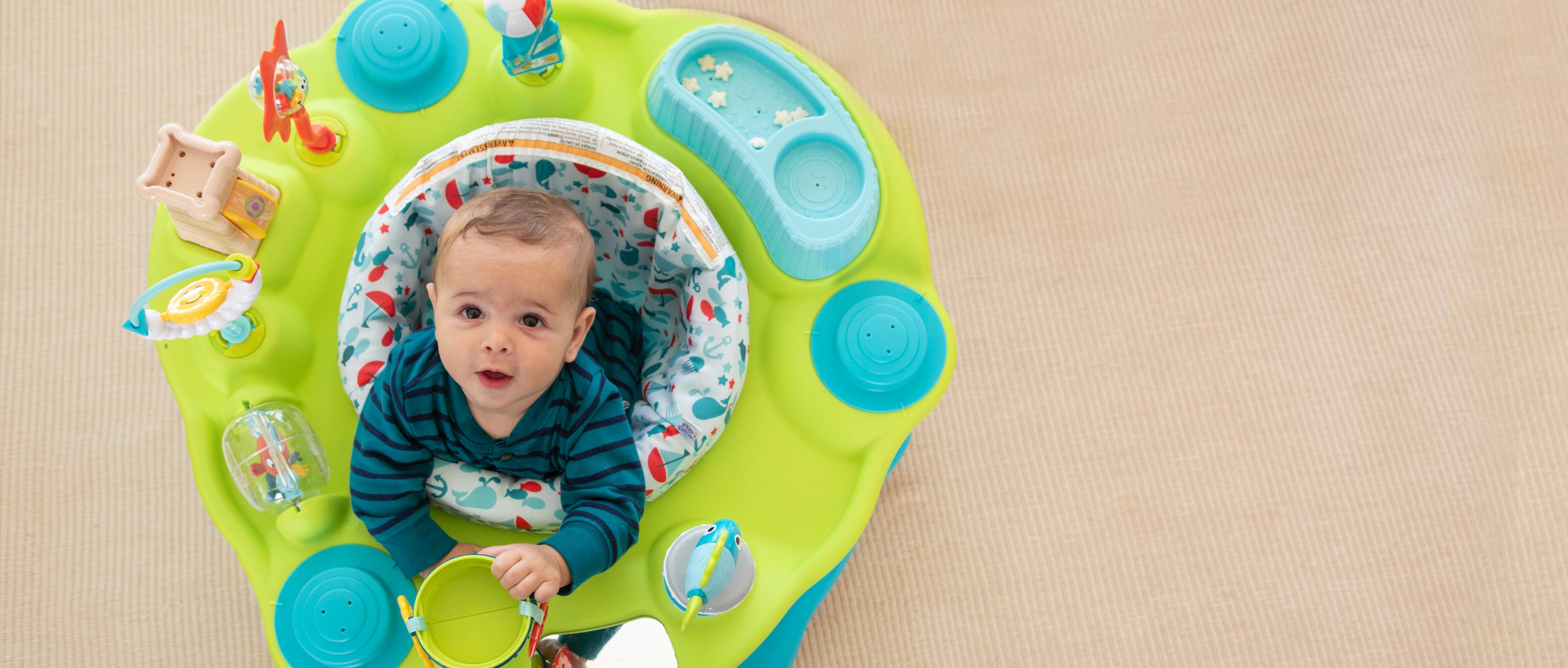 When can a baby store sit in an exersaucer